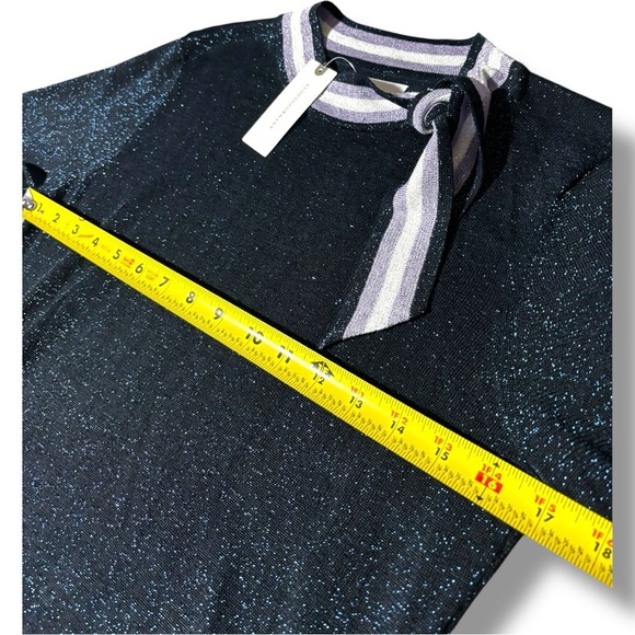 Anthropologie NUMPH Sparkly Navy with White Accents Short Sleeve Tie Collar Top - Picture 14 of 16